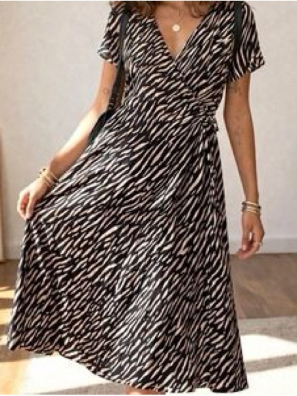 Soft Surroundings Zebra Print Faux Wrap Maxi Dress Medium Brown Black
